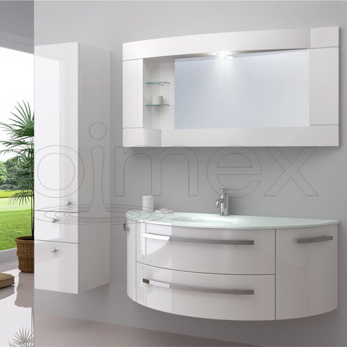 OimexGmbH Design Badmöbel Set „Côte d’Azur“ Weiß Hochglanz Waschtisch 120cm inkl. Seitenschrank Armatur und Spiegel Badezimmermöbel Set mit Glas Waschbecken