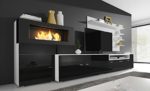 Home innovation- Moderne Wohnwand, TV-Lowboard, Esszimmer mit Kamin Bioethanol, Schrankwand, Wohnzimmer, Kamineinsatz, Verarbeitung weiß Mate und schwarz lackiert, Maße: 290 x 170 x 45 cm Tiefe.