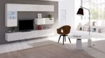 Moderne Wohnwand Calabrini IV, Anbauwand, Mediawand, TV Lowboard, Hängevitrine, Wandregal, Wohnzimmerschrank, Fernsehschrank (ohne Beleuchtung, Weiß/Weiß Hochglanz)