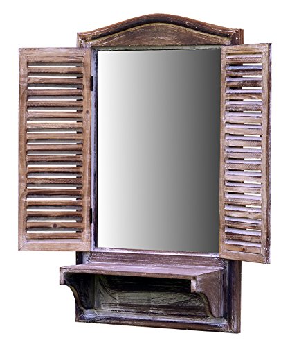 amadeco Spiegelfenster Badspiegel Spiegel mit Klappläden und Ablage - aus Holz - im Landhaus Stil - Braun - 40cm x 70cm