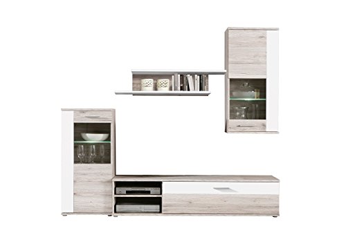 NEWFACE Moderne Wohnwand, Holz, Sandeiche Dekor Kombiniert mit Weiß, 213 x 41.3 x 184 cm