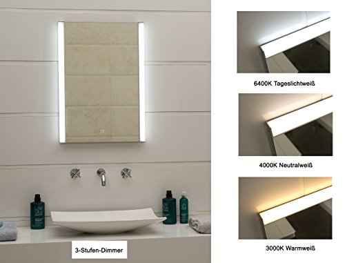 Design LED-Beleuchtung Lichtspiegel Badezimmerspiegel 3-Stufen-Dimmer Ultrahell mit Touch-Schalter GS100T Tageslichtweiß Neutralweiß Warmweiß (50 x 70 cm)