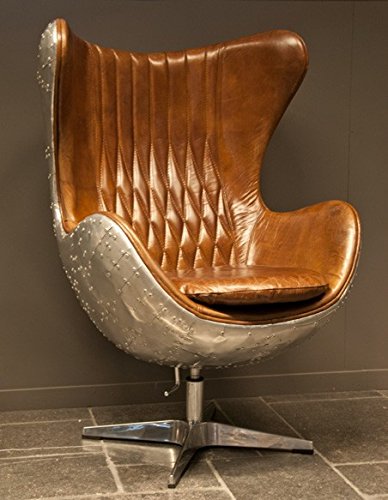 Casa Padrino Art Deco Egg Chair Drehstuhl Sessel Aluminium/Echt Leder Braun - Club Sessel - Lounge Sessel - Vintage Airplane Möbel