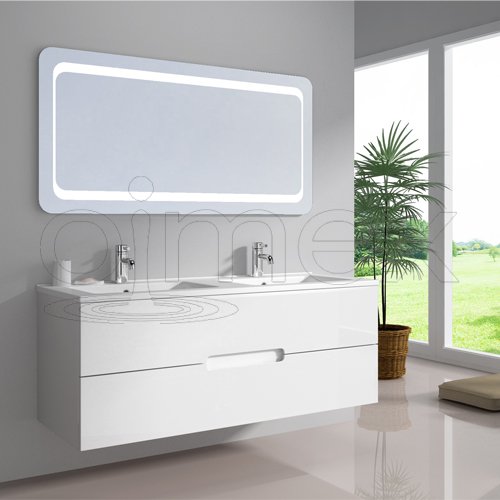 oimexgmbh Design Badmöbel Set „Tiana“ Dual Weiss Hochglanz Doppel Waschtisch 120cm inkl. Armatur LED Spiegel Badezimmermöbel Set mit Waschbecken