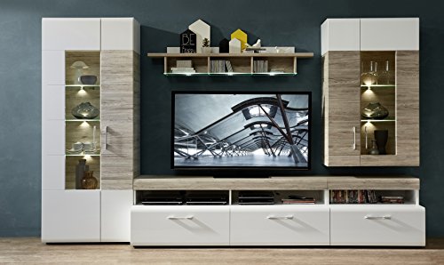 Stella Trading 1K99WH80 TV-Wohnlösung inklusiv LED Beleuchtung Set 5-teilig, Holz, weiß, 330 x 52 x 209 cm