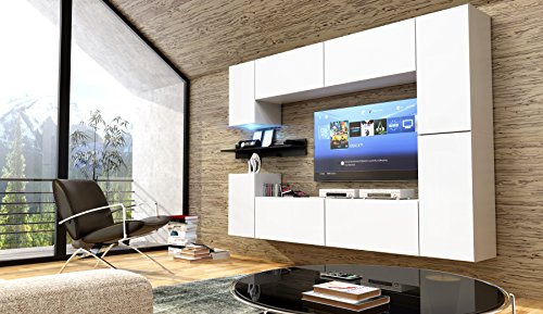 FUTURE 13 Moderne Wohnwand, Exklusive Mediamöbel, TV-Schrank, Neue Garnitur, Große Farbauswahl (RGB LED-Beleuchtung Verfügbar) (Weiß MAT base / Weiß MAT front, Möbel)