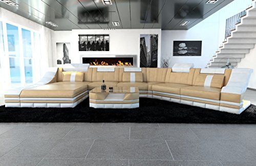 XXL Wohnlandschaft Turino CL Form sandbeige-weiss Sofa Couch Ecksofa Ledersofa Designersofa Ledercouch LED Licht beleuchtung Kopfstützen uvm.