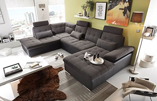 Couch "Jakarta" Wohnlandschaft Sofa Lederlook Schlaffunktion Schlafsofa schwarz dunkelgrau Ottomane links 324 cm
