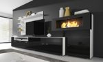 Home innovation- Moderne Wohnwand, TV-Lowboard, Esszimmer mit Kamin Bioethanol, Schrankwand, Wohnzimmer, Kamineinsatz, Verarbeitung weiß Mate und schwarz lackiert, Maße: 290 x 170 x 45 cm Tiefe.