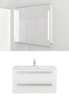 Waschtischunterschrank 90 cm + Leuchtspiegel weiß Hochglanz Waschtisch Waschbecken Waschbeckenunterschrank Unterschrank Badmöbel-Set hängend Sieper Libato (90, weiß)