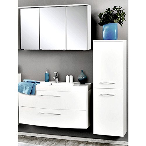 Badmöbel Set Hochglanz weiß (3 teilig) Waschtisch Badezimmer Badezimmermöbel LED Spiegelschrank