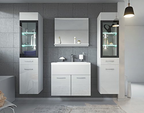 Badezimmer Badmöbel Rio XL LED 60 cm Waschbecken Hochglanz Weiß Fronten - Unterschrank 2x Hochschrank Waschtisch Möbel