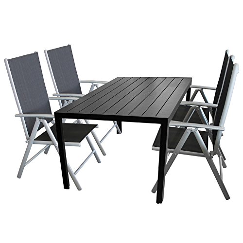 5tlg. Terrassenmöbel Set Sitzgruppe 4x Hochlehner Klappstuhl pulverbeschichtet Textilenbespannung + Gartentisch Aluminium Polywood / Non Wood Schwarz 150x90cm Gartenmöbel Terrassengarnitur Gartengarnitur Balkonmöbel