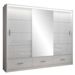 Mirjan24  Kleiderschrank Barok 250 mit Spiegel und 3 Schubladen, Schwebetürenschrank, 250 x 215 x58 cm, Schiebetürenschrank, Garderobenschrank, Schlafzimmer