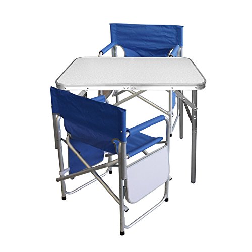 Multistore 2002 3tlg. Campingmöbel Set Gartengarnitur Campingtisch Alu Klapptisch 75x55x60cm + 2X Alu Campingstühle Klappstuhl Anglerstuhl mit Ablage und Organizer Blau