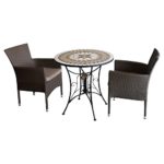 Multistore 2002 3tlg. Sitzgruppe Gartengarnitur Balkonmöbel Bistromöbel Gartenmöbel Set - Mosaik Gartentisch, Ø70cm + 2X Poly Rattan Stapelsessel, Braun-Meliert inkl. Sitzkissen