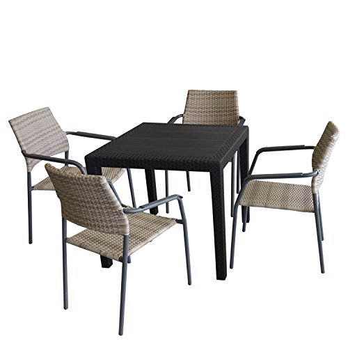 Multistore 2002 5tlg Bistrogarnitur Bistrotisch, 79x79cm, Kunststoff, Schwarz + 4x Rattanstuhl, stapelbar, Polyrattan-Bespannung Natur, Gestell Grau