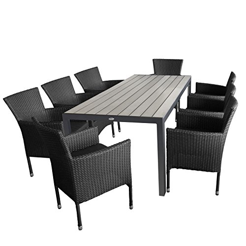 Multistore 2002 9tlg. Gartengarnitur Aluminium Gartentisch, Tischplatte Polywood Grau, 205x90cm + 8X Rattansessel, Bespannung Polyrattan, Schwarz - Gartenmöbel Set Sitzgarnitur Sitzgruppe