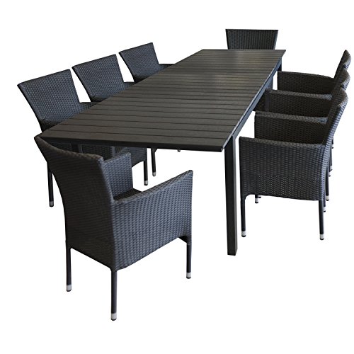 Multistore 2002 9tlg. Gartengarnitur Gartentisch Polywood Ausziehbar 220/280x95cm Schwarz + 8X stapelbare Polyrattan Sessel Schwarz Sitzgruppe Sitzgarnitur Gartenmöbel Balkonmöbel Set