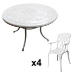 Lazy Susan - ALICE 120 cm Runder Gartentisch mit 4 Stühlen - Gartenmöbel Set aus Metall, Weiß