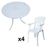 Lazy Susan - ANNA 80 cm Runder Gartentisch mit 4 Stühlen - Gartenmöbel Set aus Metall, Weiß