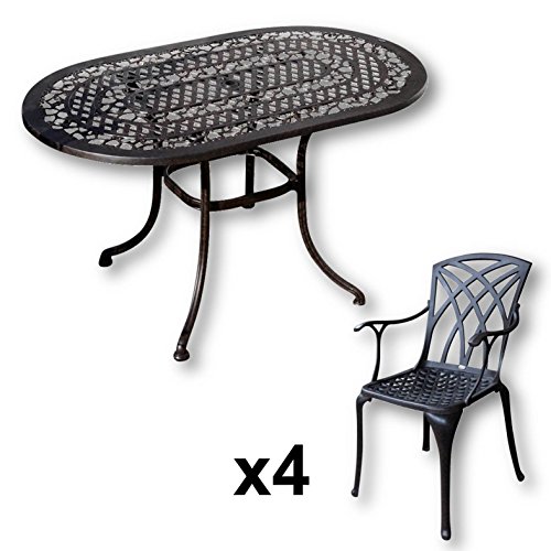 Lazy Susan - ELISE 136 x 81 cm Ovaler Gartentisch mit 4 Stühlen - Gartenmöbel Set aus Metall, Antik Bronze