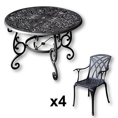 Lazy Susan - FLORA 103 cm Runder Gartentisch mit 4 Stühlen - Gartenmöbel Set aus Metall, Antik Bronze