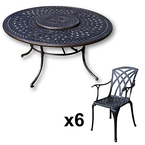 Lazy Susan - FRANCES 150 cm Runder Gartentisch mit 6 Stühlen - Gartenmöbel Set aus Metall, Antik Bronze