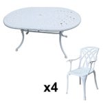 Lazy Susan - JUNE 150 x 95 cm Ovaler Gartentisch mit 4 Stühlen - Gartenmöbel Set aus Metall, Weiß