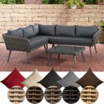 CLP Polyrattan Eck-Loungeset SKARA I Grau-meliert I Gartenlounge Rundrattan I Eckgarnitur & Glastisch I 5mm Rattandicke I 5 Sitzplätze