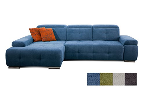 CAVADORE Schlafsofa Mistrel mit Longchair XL links / Große Eck-Couch im modernen Design / Mit Bettfunktion / Inkl. verstellbare Kopfteile / Wellenunterfederung / 273 x 77 x 173 / Blau
