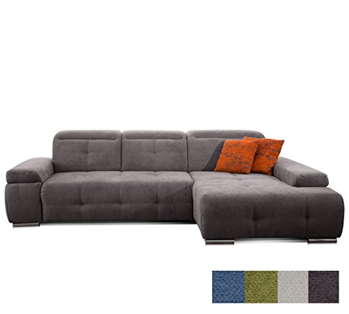 CAVADORE Schlafsofa Mistrel mit Longchair XL rechts / Große Eck-Couch im modernen Design / Mit Bettfunktion / Inkl. verstellbare Kopfteile / Wellenunterfederung / 273 x 77 x 173 / Grau