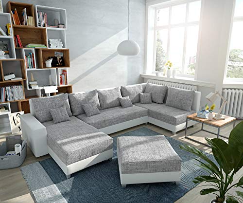 DELIFE Couch Panama Hellgrau Weiss Ottomane rechts Longchair Links Hocker Wohnlandschaft