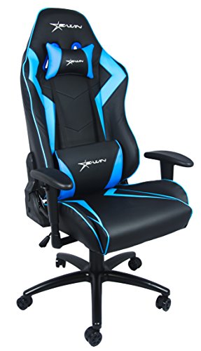 E-Win®, Bürostuhl, Gaming Stuhl, Schreibtischstuhl, Chefsessel mit Armlehnen, Gaming chair, Stoff Leder Kombination schwarz / blau hochwertig & sehr bequem