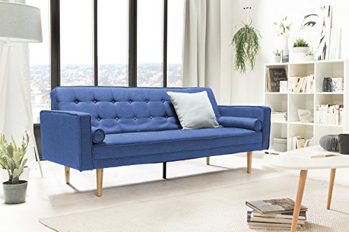 SalesFever® Designer Schlafsofa, Couch mit Schlaffunktion, Stoff Blau, Holz Eiche, FSC® 100% Zertifiziert