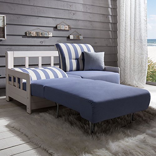 Schlafsofa CAMPUS Blau Weiss Stoff Sofa Couch Massiv Holz Schlafcouch Bettfunktion