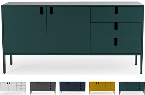 Tenzo UNO 8555-031 Designer Sideboard 2 Türen, 3 Schubladen Lackiert, MDF + Spanplatten, matt Soft-Close Funktion, Forest Grün, 86 x 171 x 46 cm (HxBxT)