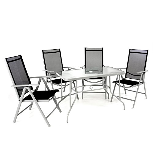 Nexos 5-teiliges Gartenmöbel-Set – Gartengarnitur Sitzgruppe Sitzgarnitur aus Klappstühlen & Esstisch – Stahl Alu Glas – Textilene schwarz/Rahmen grau