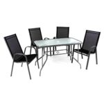 Nexos ZGC34477_SL_S2 5-teiliges Gartenmöbel-Set – Gartengarnitur Sitzgruppe Sitzgarnitur aus Stapelstühlen & Esstisch – Stahl Glas – Textilene schwarz/Rahmen grau,