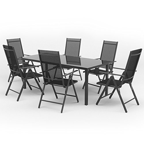 OSKAR Alu Sitzgarnitur Gartenmöbel Set 7-teilig Garnitur Sitzgruppe 1 Tisch 190x87 + 6 Stühle (Silber/Schwarz)