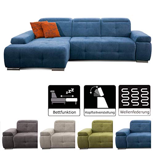 CAVADORE Schlafsofa Mistrel mit Longchair XL rechts / Große Eck-Couch im modernen Design / Mit Bettfunktion / Inkl. verstellbare Kopfteile / Wellenunterfederung