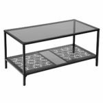 VASAGLE Couchtisch mit Tischplatte aus Glas, Wohnzimmertisch mit Eisen-Gestell, Glastisch, Sofatisch Ablage mit Blumenverzierung, Robustes Hartglas, SGS getestet, stabil, dekorativ, schwarz LGT11BK