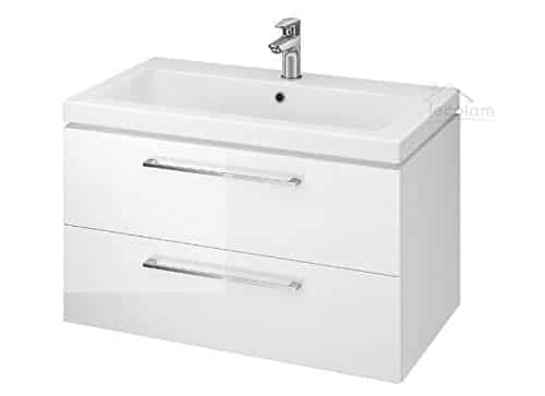 ECOLAM Badmöbel Waschtisch Waschbecken Como 80/60 cm + Schrank Lara Waschbecken mit Unterschrank 2 Schubladen weiß glänzend