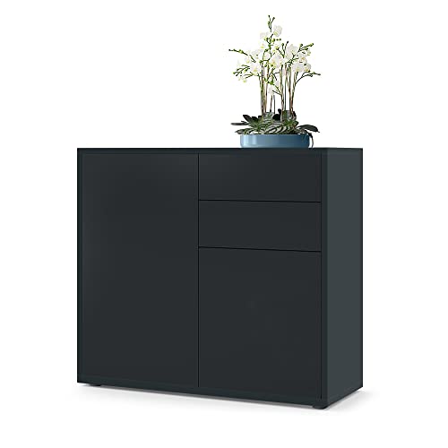 Vladon Sideboard Ben, Kommode mit 2 Türen und 2 Schubladen, Schwarz matt/Schwarz matt (79 x 74 x 36 cm)