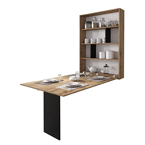 Wandtisch Albi, Wandklapptisch mit 2 Regalen, V-Tisch, Esstisch, Tisch ideal für Esszimmer, Küche, Klapptisch, Bartisch (Wotan Eiche/Schwarz)