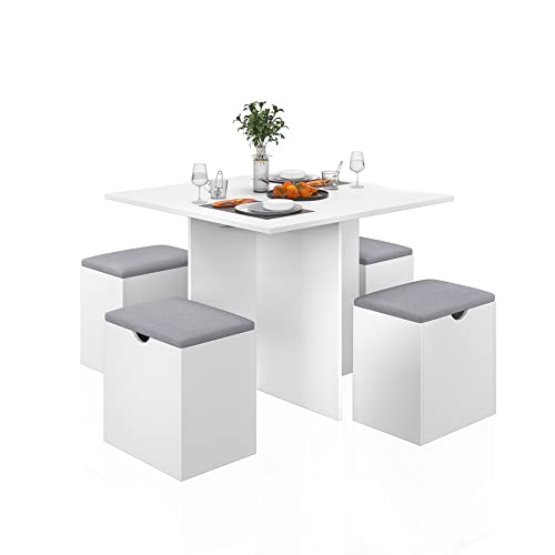 Meerveil Essgruppe, Esstisch mit 4 Hockern mit Weiches Kissen Platzsparendes für Esszimmer und Küche, Weiß