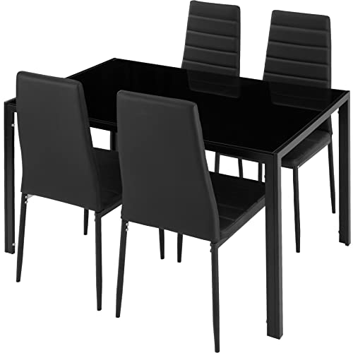 tectake 402837 Esszimmergruppe mit 4 Stühlen, Tisch mit Glasplatte, Essgruppe für 4 Personen, 4er Set Esszimmerstühle mit Esstisch, für Wohnzimmer Küche Büro, schwarz