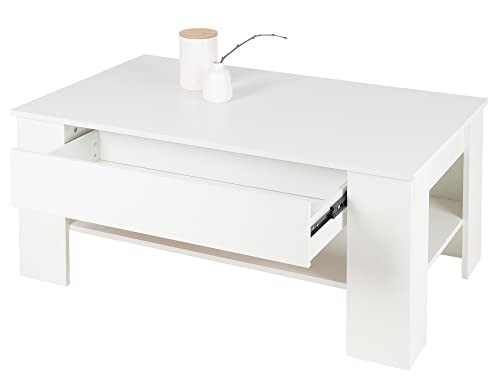 ML-Design Couchtisch in Weiß, Geräumiger Sofatisch mit Schublade und Ablage für Ihren Wohnbereich, 110×65×48 cm, Moderner Wohnzimmertisch mit Stauraum, Holz Beistelltisch, Wohnzimmer Tisch Kaffeetisch