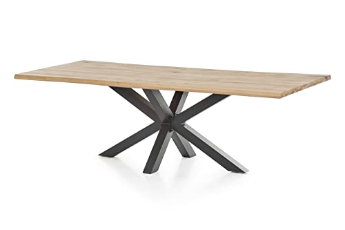 WOODLIVE DESIGN BY NATURE Massivholztisch Brian, 220 x 100 cm Tisch aus Wildeiche, massiver Esstisch mit Baumkante und Stern-Tischgestell aus Stahl, hochwertiger Esszimmertisch