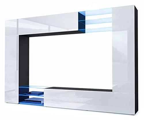 Vladon Wohnwand Mirage, Anbauwand mit Rückwand mit 2 Türen, 2 Klappen und 6 offenen Glasablagen, Schwarz matt/Weiß Hochglanz, inkl. LED-Beleuchtung (262 x 183 x 39 cm)